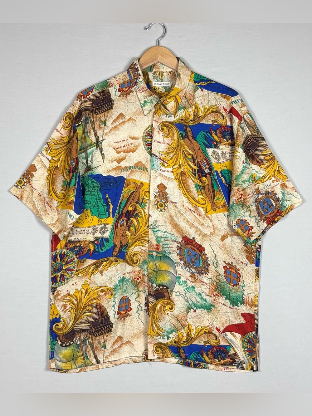Vintage Burma Bibas Nautical Map Baroque Rayon Shirt Men’s L Hong Kong